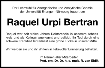 Traueranzeige von Raquel Urpi Bertran von Nürnberger Nachrichten