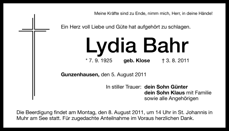  Traueranzeige für Lydia Bahr vom 06.08.2011 aus Nürnberger Nachrichten