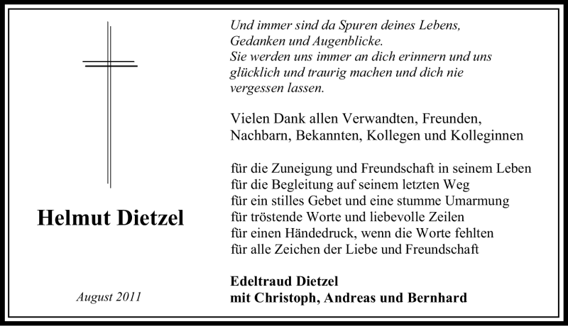  Traueranzeige für Helmut Dietzel vom 06.08.2011 aus Nürnberger Nachrichten