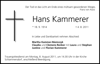 Traueranzeige von Hans Kammerer von Nürnberger Nachrichten