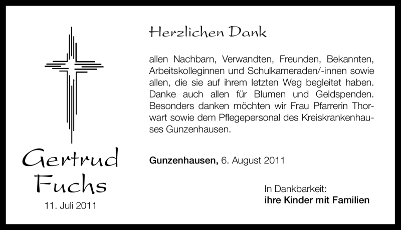  Traueranzeige für Gertrud Fuchs vom 06.08.2011 aus Nürnberger Nachrichten