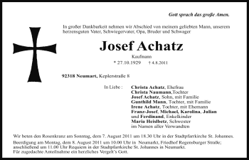 Traueranzeige von Josef Achatz von Nürnberger Nachrichten