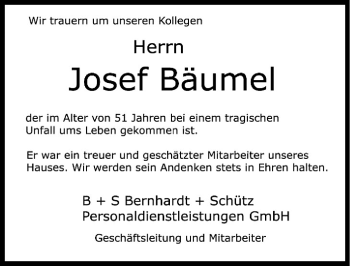 Traueranzeige von Josef Bäumel von Nürnberger Nachrichten