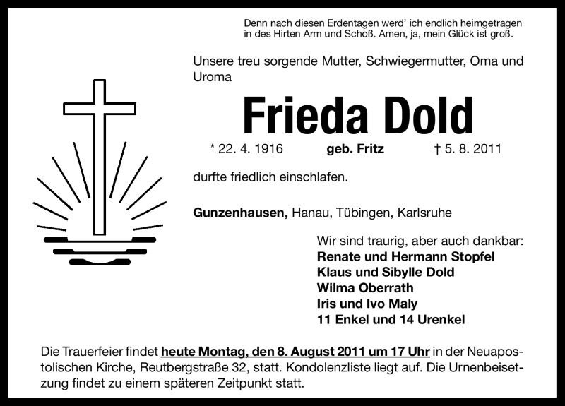  Traueranzeige für Frieda Dold vom 08.08.2011 aus Nürnberger Nachrichten