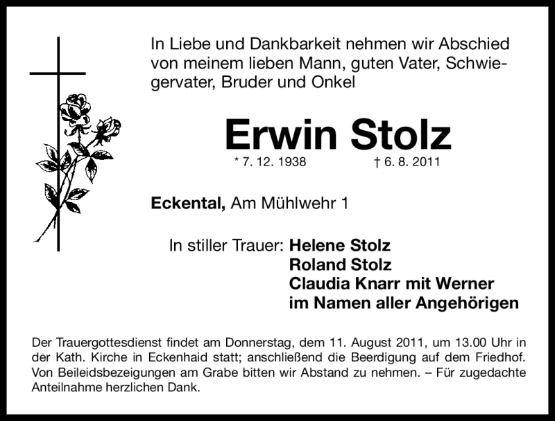  Traueranzeige für Erwin Stolz vom 09.08.2011 aus Nürnberger Nachrichten