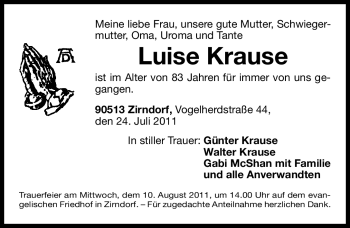 Traueranzeige von Luise Krause von Nürnberger Nachrichten