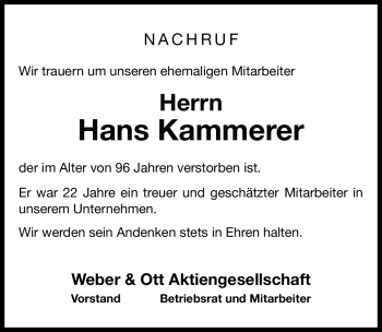 Traueranzeige von Hans Kammerer von Nürnberger Nachrichten