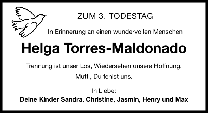  Traueranzeige für Helga Torres-Maldonado vom 20.08.2011 aus Nürnberger Nachrichten