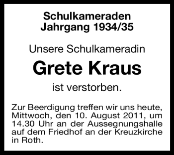 Traueranzeige von Grete Kraus von Nürnberger Nachrichten