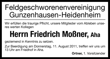 Traueranzeige von Friedrich Moßner von Nürnberger Nachrichten