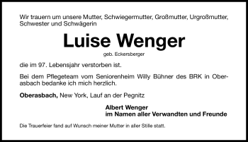 Traueranzeige von Luise Wenger von Nürnberger Nachrichten