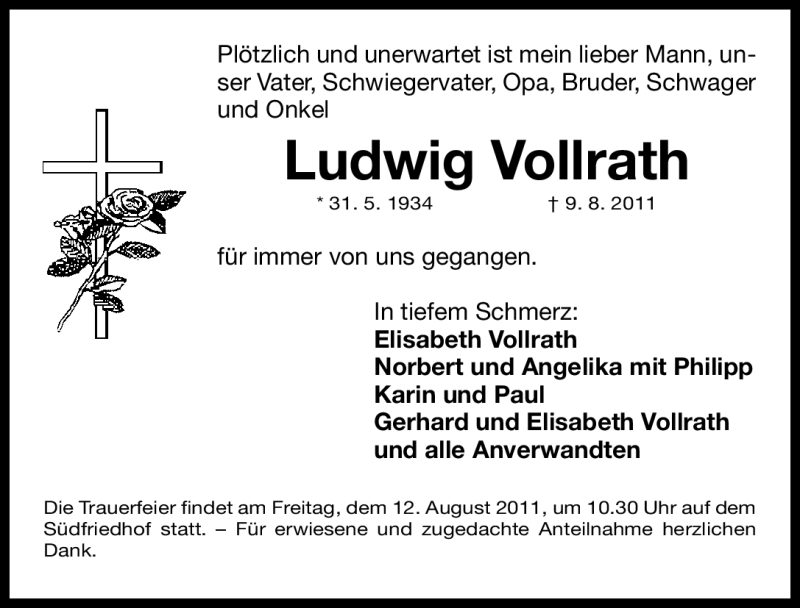  Traueranzeige für Ludwig Vollrath vom 10.08.2011 aus Nürnberger Nachrichten