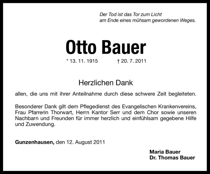  Traueranzeige für Otto Bauer vom 12.08.2011 aus Nürnberger Nachrichten