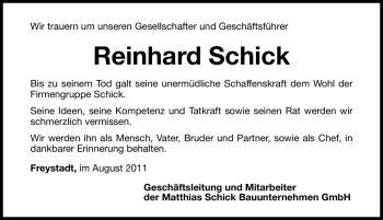 Traueranzeige von Reinhard Schick von Nürnberger Nachrichten