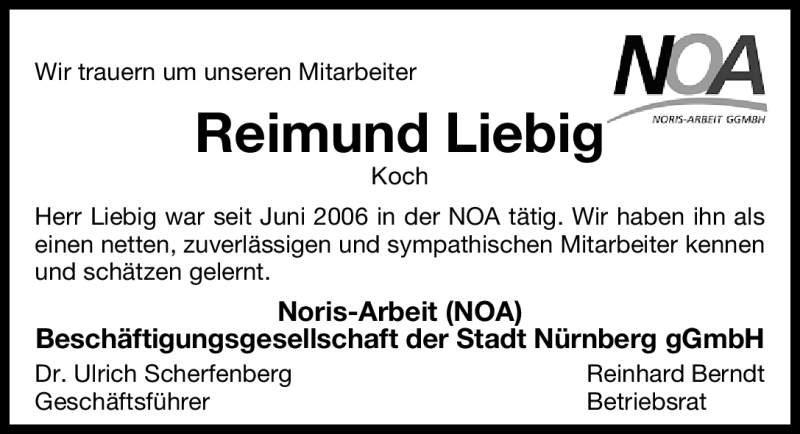  Traueranzeige für Reimund Liebig vom 13.08.2011 aus Nürnberger Nachrichten