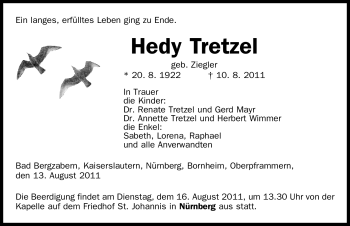 Traueranzeige von Hedy Tretzel von Nürnberger Nachrichten