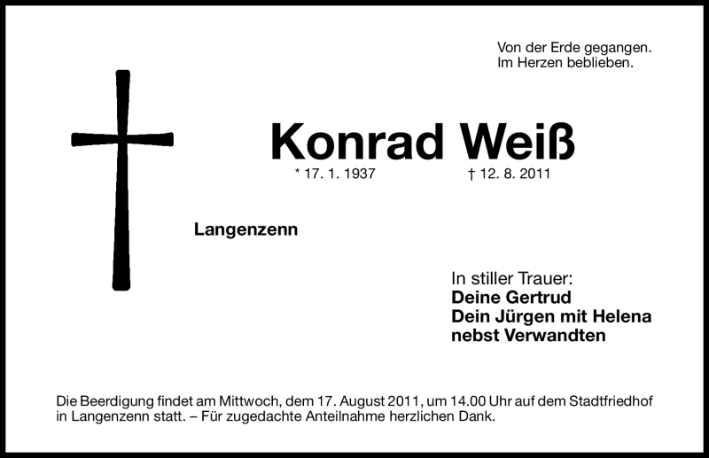  Traueranzeige für Konrad Weiß vom 15.08.2011 aus Nürnberger Nachrichten