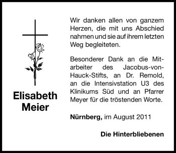 Traueranzeige von Elisabeth Meier von Nürnberger Nachrichten