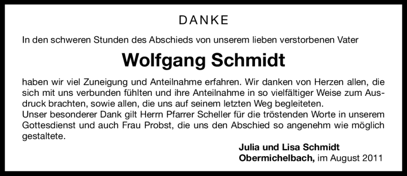  Traueranzeige für Wolfgang Schmidt vom 20.08.2011 aus Nürnberger Nachrichten