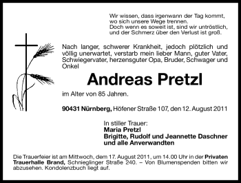 Traueranzeige von Andreas Pretzl von Nürnberger Nachrichten