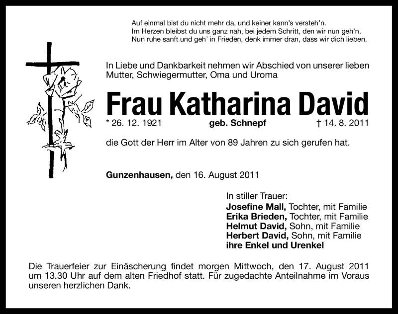  Traueranzeige für Katharina David vom 16.08.2011 aus Nürnberger Nachrichten