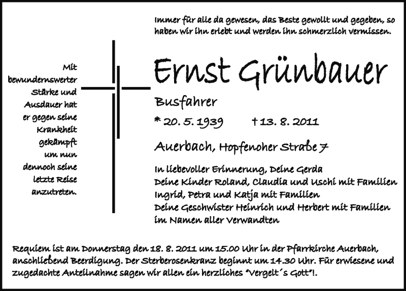  Traueranzeige für Ernst Grünbauer vom 16.08.2011 aus Nürnberger Nachrichten