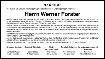 Traueranzeige von Werner Forster von Nürnberger Nachrichten