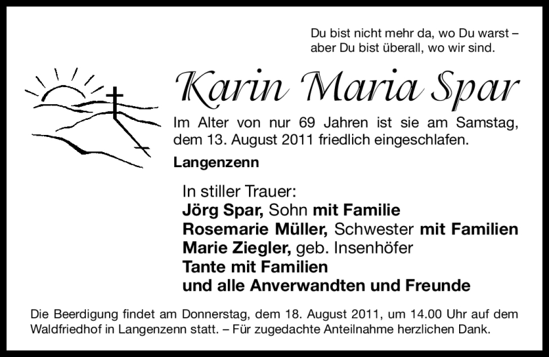  Traueranzeige für Karin Maria Spar vom 16.08.2011 aus Nürnberger Nachrichten