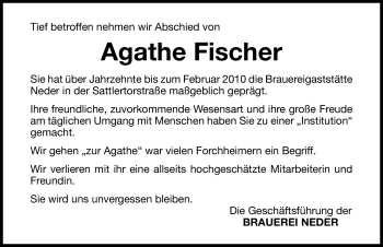 Traueranzeige von Agathe Fischer von Nürnberger Nachrichten