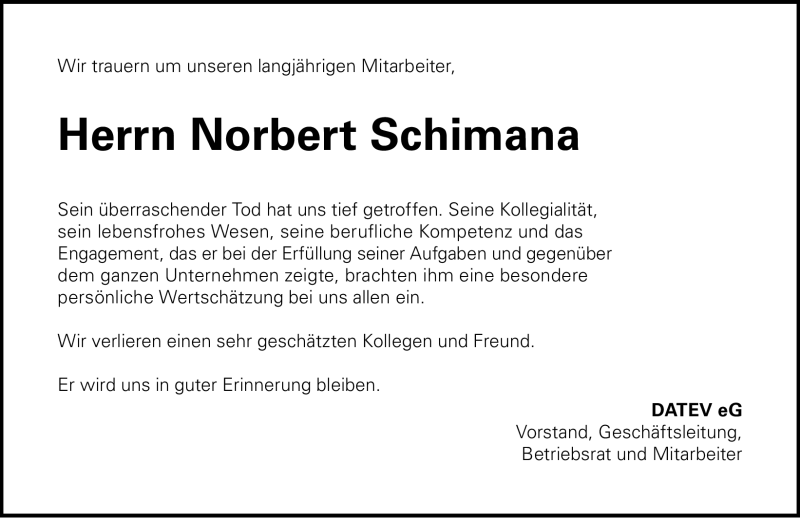  Traueranzeige für Norbert Schimana vom 19.08.2011 aus Nürnberger Nachrichten