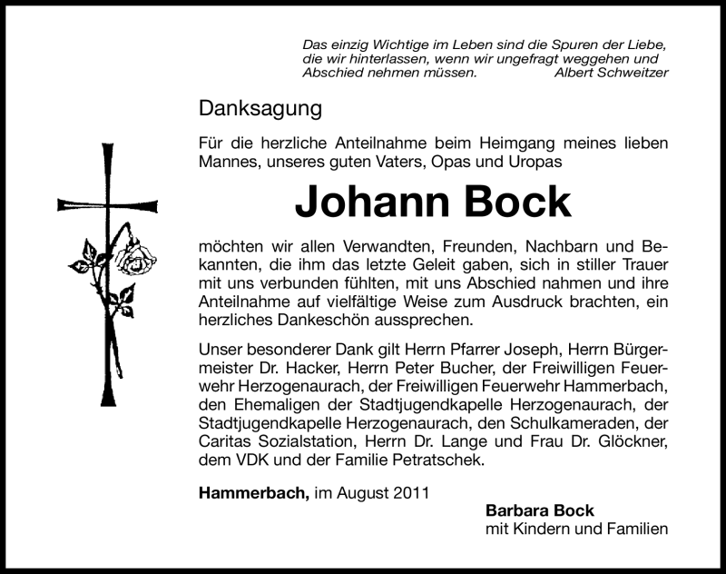  Traueranzeige für Johann Bock vom 20.08.2011 aus Nürnberger Nachrichten