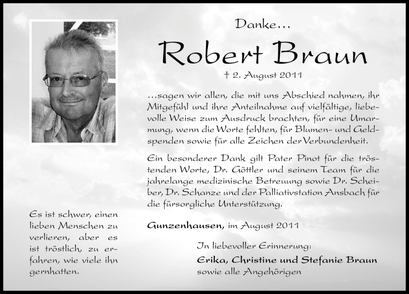 Traueranzeige für Robert Braun vom 20.08.2011 aus Nürnberger Nachrichten