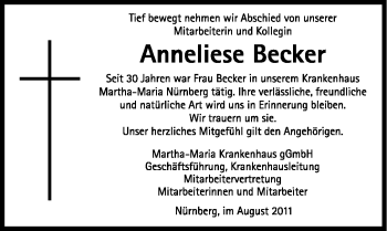 Traueranzeige von Anneliese Becker von Nürnberger Nachrichten