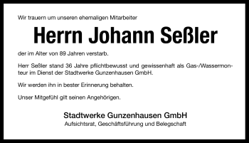 Traueranzeige von Johann Seßler von Nürnberger Nachrichten