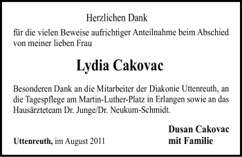 Traueranzeige von Lydia Cakovac von Nürnberger Nachrichten