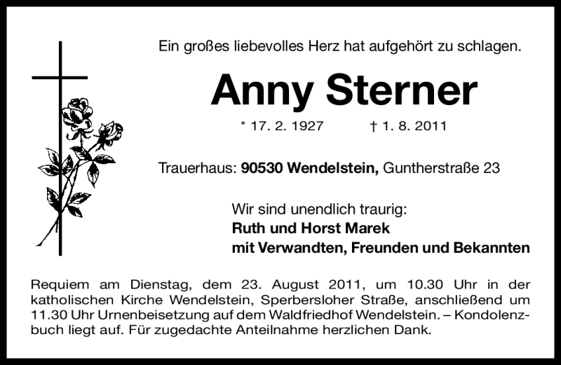  Traueranzeige für Anny Sterner vom 20.08.2011 aus Nürnberger Nachrichten