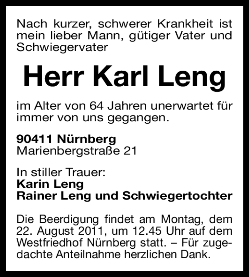  Traueranzeige für Karl Leng vom 20.08.2011 aus Nürnberger Nachrichten