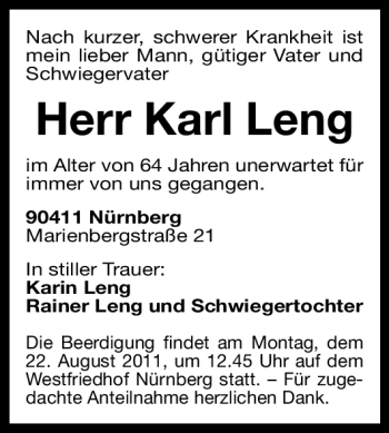 Traueranzeige von Karl Leng von Nürnberger Nachrichten