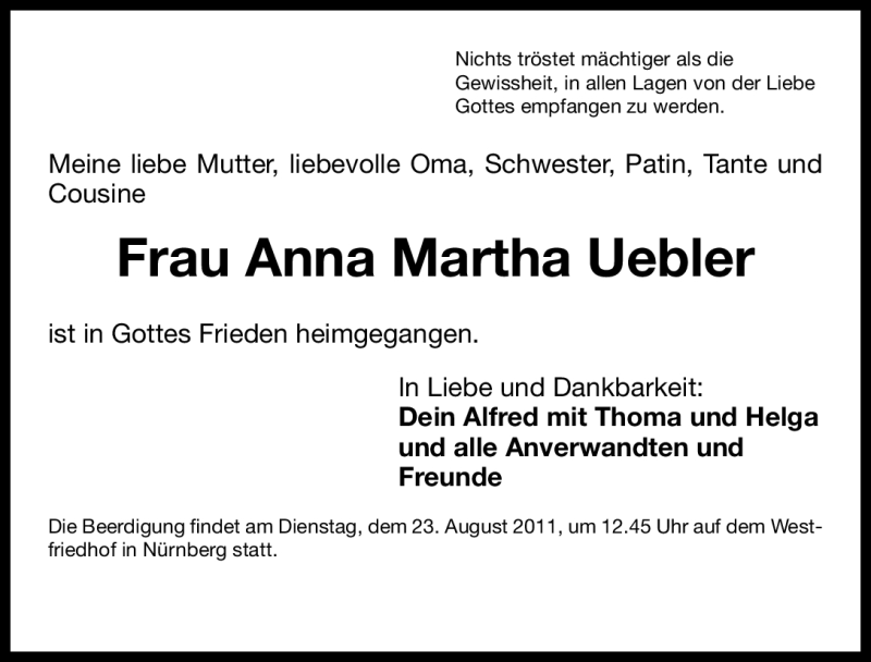  Traueranzeige für Anna Martha Uebler vom 20.08.2011 aus Nürnberger Nachrichten