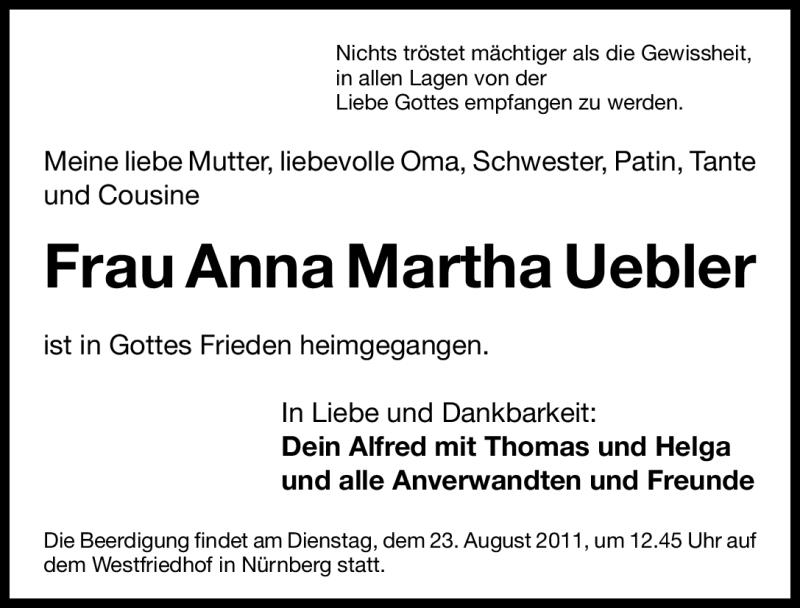  Traueranzeige für Anna Martha Uebler vom 22.08.2011 aus Nürnberger Nachrichten