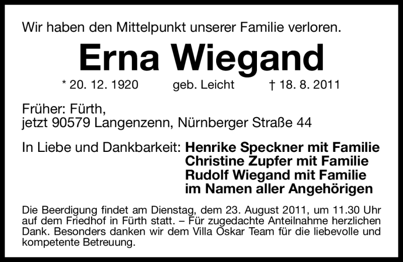  Traueranzeige für Erna Wiegand vom 20.08.2011 aus Nürnberger Nachrichten