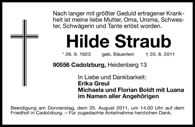 Traueranzeigen von Hilde Straub trauer.nn.de