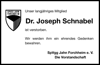 Traueranzeige von Joseph Schnabel von Nürnberger Nachrichten