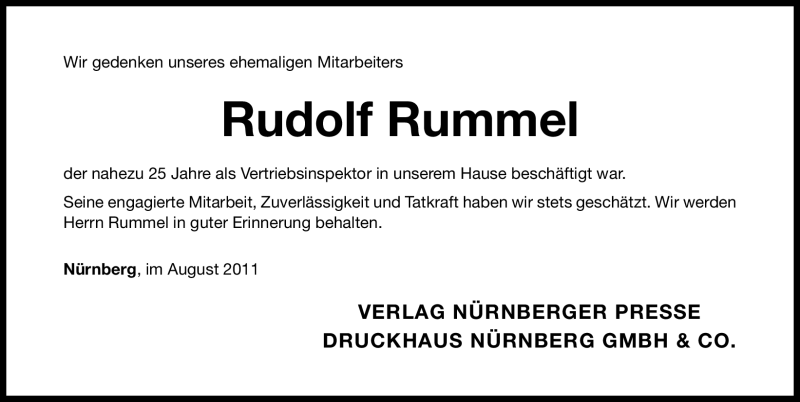  Traueranzeige für Rudolf Rummel vom 23.08.2011 aus Nürnberger Nachrichten
