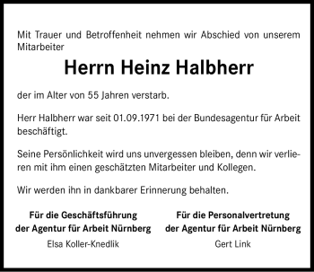 Traueranzeige von Heinz Halbherr von Nürnberger Nachrichten