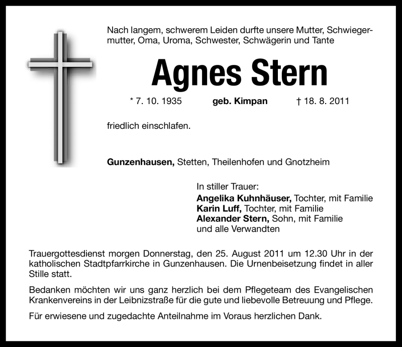  Traueranzeige für Agnes Stern vom 24.08.2011 aus Nürnberger Nachrichten