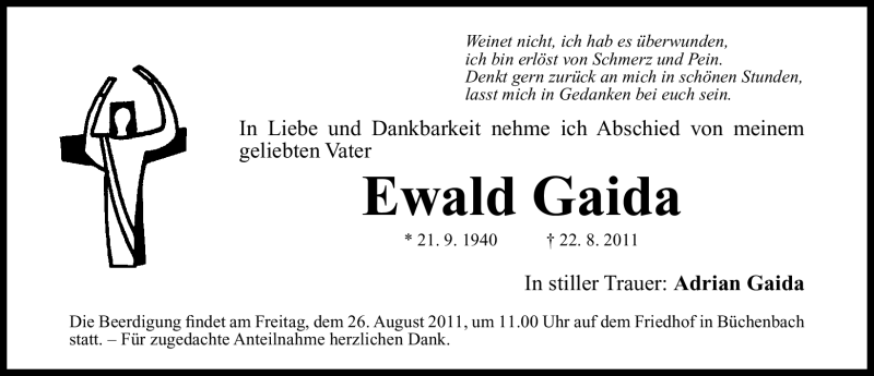  Traueranzeige für Ewald Gaida vom 24.08.2011 aus Nürnberger Nachrichten