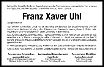 Traueranzeige von Franz Xaver Uhl von Nürnberger Nachrichten