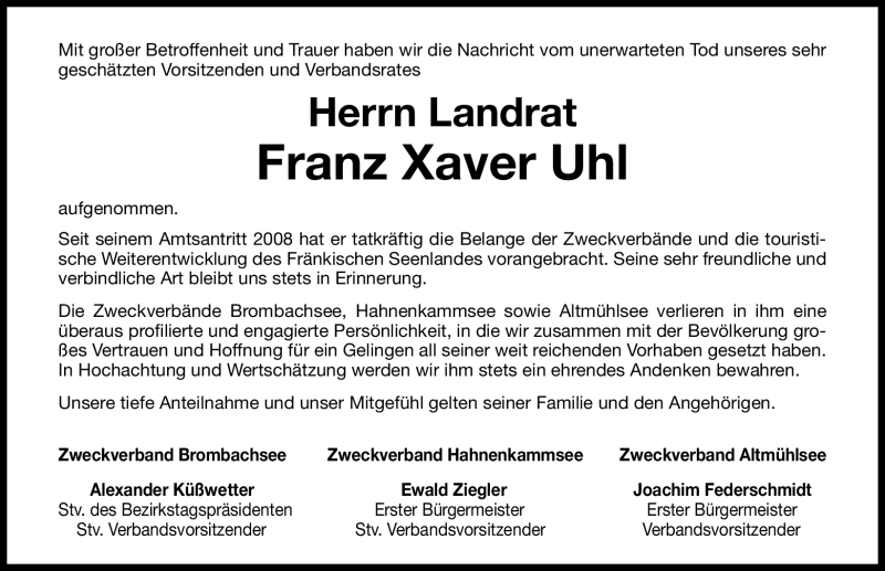  Traueranzeige für Franz Xaver Uhl vom 25.08.2011 aus Nürnberger Nachrichten