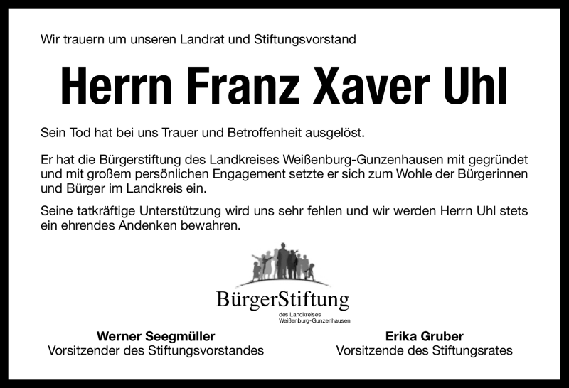  Traueranzeige für Franz Xaver Uhl vom 25.08.2011 aus Nürnberger Nachrichten